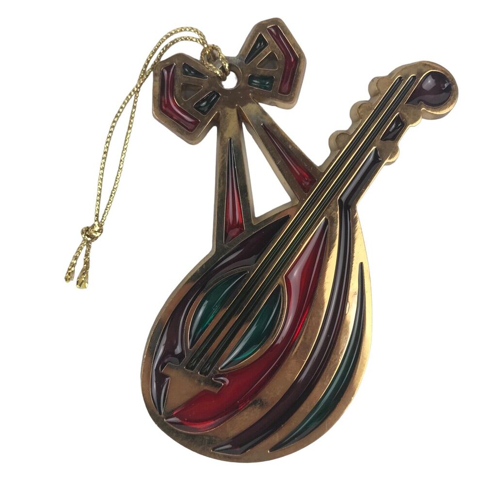Vtg Avon Stained Glass Mandolin Christmas Ornament Snow Fantasy Jewel Tone 1984